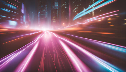 A dynamic night scene in a city with skyscrapers illuminated by the vibrant trails of moving lights, capturing the essence of urban speed and energy