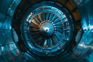 Closeup of jet engine maintenance in an aircraft hangar with a technician testing turbine engine in a wind tunnel. Concept Aircraft Maintenance, Jet Engine Testing, Wind Tunnel, Aviation Technology