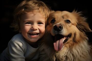 Affectionate dog licks baby with tenderness., generative IA - obrazy, fototapety, plakaty
