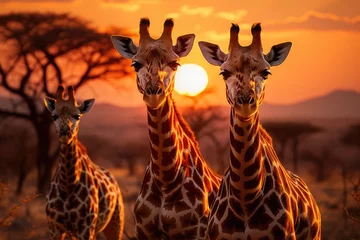Schilderijen op glas Giraffes giraffes in the savannah at sunset., generative IA © JONATAS