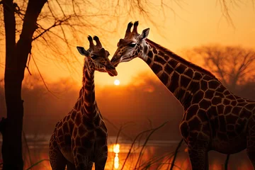 Gordijnen Sweet giraffes hug under the African sun., generative IA © JONATAS