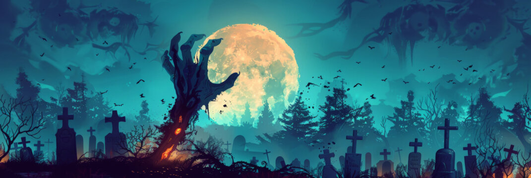 halloween background, Hand of the zombie coming out from ground on  full moon night sky with fog and tombstones background, scarry night horror, banner