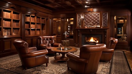 Luxurious residential cigar lounge with rich wood built-ins, Spanish-inspired tilework, and leather club chairs
