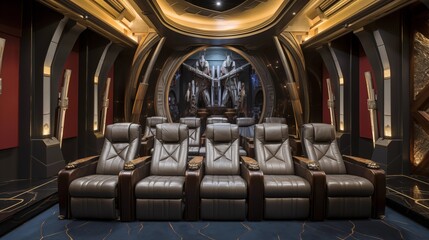 Luxurious Star Wars/Sci-Fi themed home theater with custom seating and decor