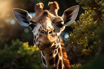 Giraffe stretching the neck to reach juicy leaves., generative IA - obrazy, fototapety, plakaty