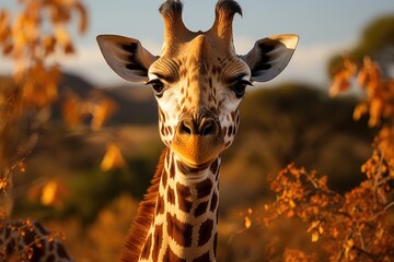 Elegant giraffe stretching the neck for high leaves., generative IA - obrazy, fototapety, plakaty