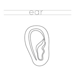 Trace the letters and color cartoon human ear. Handwriting practice for kids.