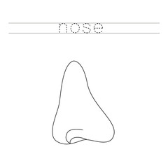 Trace the letters and color cartoon human nose. Handwriting practice for kids.
