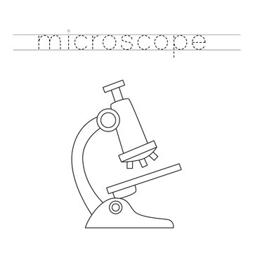Trace the letters and color cartoon microscope. Handwriting practice for kids.