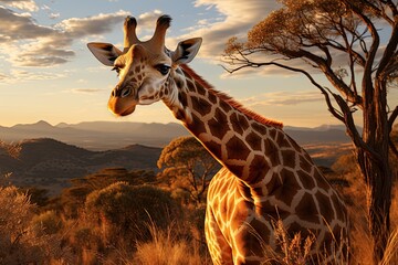 Lone giraffe admiring landscape from the top of the hill at sunset., generative IA