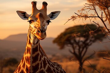 Lone giraffe admiring landscape from the top of the hill at sunset., generative IA