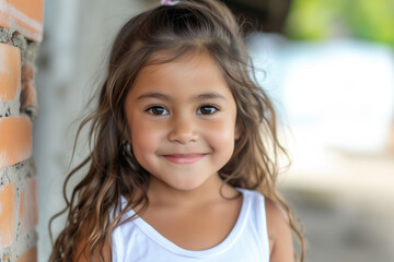 A young girl with long brown hair is smiling and looking at the camera. She is wearing a white dress and has her hair in a ponytail
