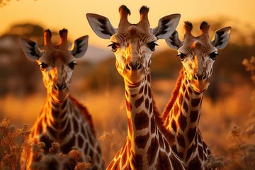 Fototapeten Elegant giraffes cross the golden savannah., generative IA © JONATAS