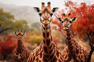 Rolgordijnen Giraffes are sheltered under rain tree., generative IA © JONATAS