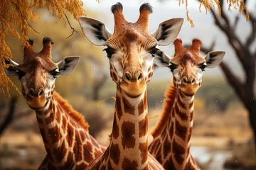 Fototapeten Giraffes are sheltered under rain tree., generative IA © JONATAS