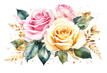 yellow flowers white roses element painting greeting Floral drawn isolated bouquet Hand pink ornament Design foliage card glittering background watercolor golden