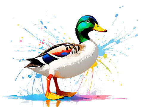 The painting of colorful ducks, domestic ducks, and wild ducks on a splashing white background

