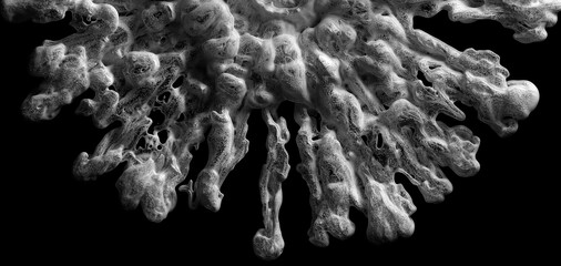 3d render abstract art part of surreal monochrome blossom alien flower or round explosive smoke structure based on small balls spheres sand particles in white black color on isolated black background