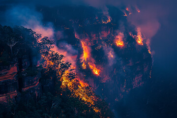 forest natural disaster. wild fire on mountains by night. flames, fume and ashes. devastated vegetation.