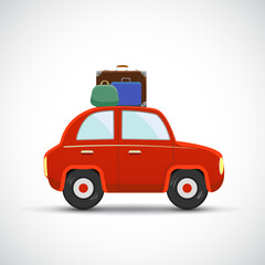 Car with suitcases and luggage goes on a trip. Isolated on a white background. Stock vector illustration