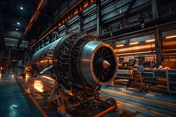 Jet Engine Maintenance: Technician Testing Turbine Engine in Aircraft Hangar Wind Tunnel. Concept Aircraft Maintenance, Turbine Engine Testing, Jet Engine Technicians, Aircraft Hangar - obrazy, fototapety, plakaty