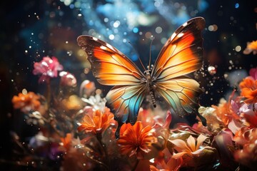 A vibrant garden with flight butterflies., generative IA - obrazy, fototapety, plakaty