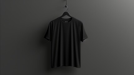 Black t-shirt mockup template on metal hanger against dark background