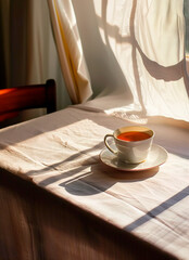 Minimalist Coffee Cup on White Tablecloth by Linen Curtain Window