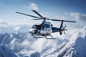 Fotobehang a helicopter flying over snowy mountains © Serghei11