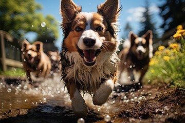 Dogs having fun in a sunny park., generative IA - obrazy, fototapety, plakaty