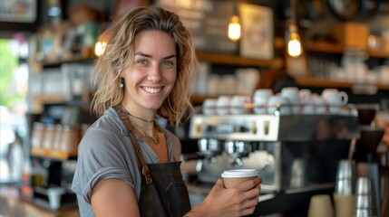 Young female barista serving coffee in a cozy cafe - obrazy, fototapety, plakaty