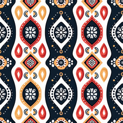 Seamless ethnic geometric pattern with orange and red motifs over a dark backdrop, ideal for textile design.