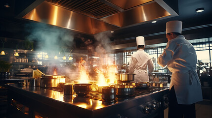 A modern industrial kitchen with chefs working on advanced culinary techniques.