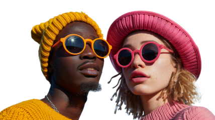 Stylish couple in colorful hats and sunglasses outdoors