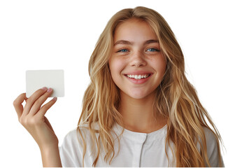 Fototapeta premium Smiling young woman presenting a blank card