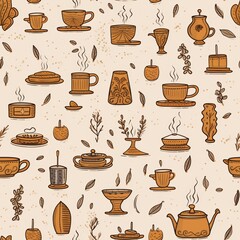 Coffee and Tea Embroidery, Coffee and tea-themed designs, 2D illustration seamless pattern