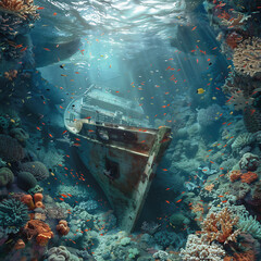 Shipwreck in a coral reef with corals and fish. - obrazy, fototapety, plakaty