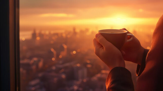 A person is holding a cup of coffee while looking out a window at the city skyline. The sun is setting, casting a warm glow over the buildings. Concept of relaxation and contemplation