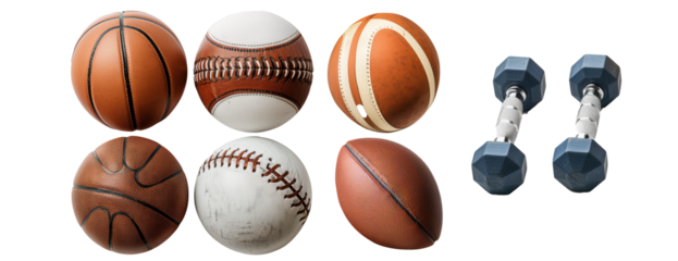 Assorted sports balls and weights isolated on white