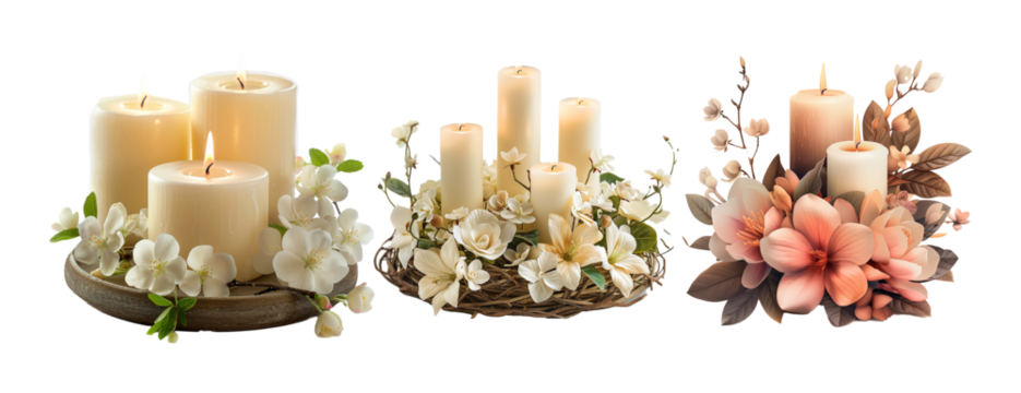 Serene candle arrangements with floral decorations