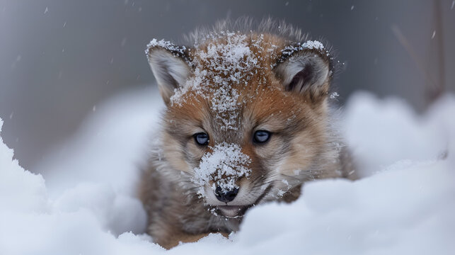 Cute wolf baby puppy playing in winter snow portrait, Generative AI 