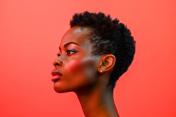 Elegant African American Woman with Short Hair Posing in Profile Against Vibrant Coral Background