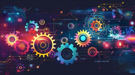 Obraz premium Vibrant Interconnected Gears Illustrate Complex Economic Synergies and Interdependencies in a Dynamic Infographic Visualization