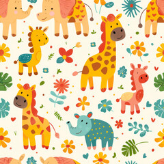 Naklejka premium Adorable safari animals with colorful flowers, perfect for nursery wallpaper or children's fabric prints.