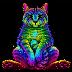 Abstract, multicolored portrait of a cat sitting on his ass in watercolor style on a black background.  - 767998513