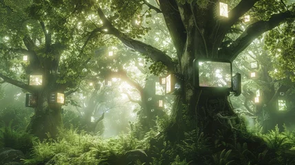  an eco-friendly virtual world that combines real forest textures with 3D sustainable living spaces, using earth tones and natural light, targeting environmentally conscious audiences. © Warut