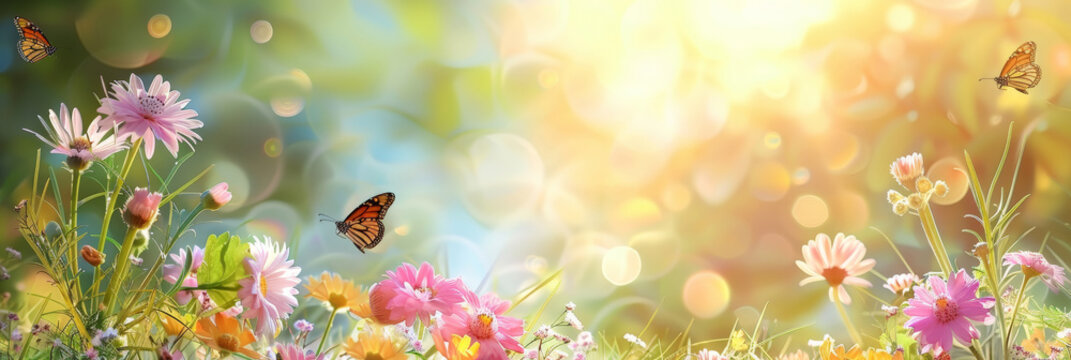 Fototapeta Beautiful spring meadow  background with grass, flowers and butterflies on a sunny day.  pink daisies and a purple butterfly in the sunlight. Spring concept banner design. Easter day. 