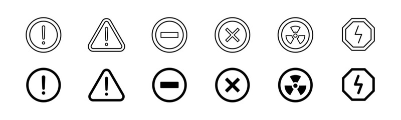 Obraz premium Warning icon set. Caution symbol. Round hazard icon. Line and glyph warning sign icon