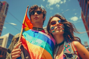 Young Couple Celebrating Diversity and Equality at Pride Parade with Rainbow Flag and Face Paint in the City - obrazy, fototapety, plakaty