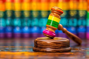 Colorful Wooden Gavel on Vibrant Rainbow Blurred Background Legal Authority, Justice Symbol, Auction Concept - obrazy, fototapety, plakaty